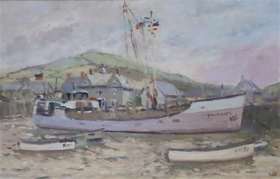 Hugh Boycott Brown (1909-1990) Trawler and fishing boats at low tide 25 x 39cm